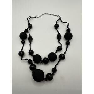 Black Double Stranded String Necklace With Black Glass Beads And String Wrapped